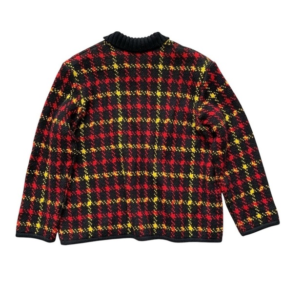 Chaus Merino Wool Blend Knit Plaid Sweater Jacket Black Red Yellow Size Large - Picture 2 of 6